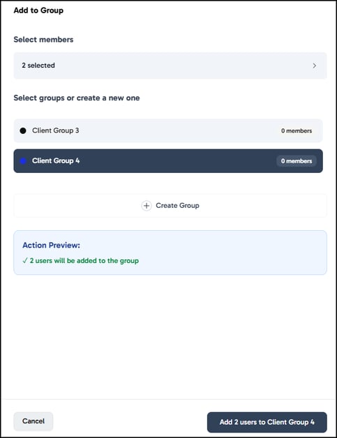 Add users to group window